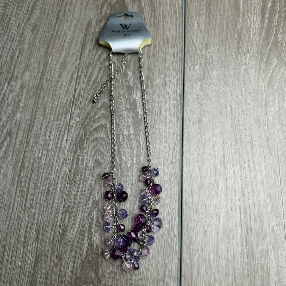 Worthington Beaded Statement Cluster Necklace Silver Tone Chain Purple New